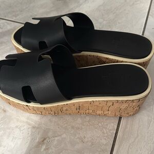 Hermes Black Cork Wedge Sandals